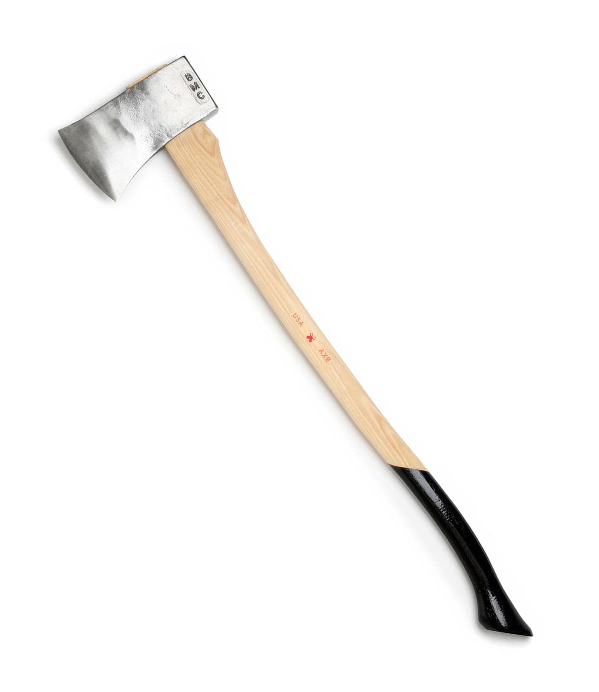 A single-blade axe with a light wooden handle featuring a black grip at the bottom and a shiny metallic blade at the top.