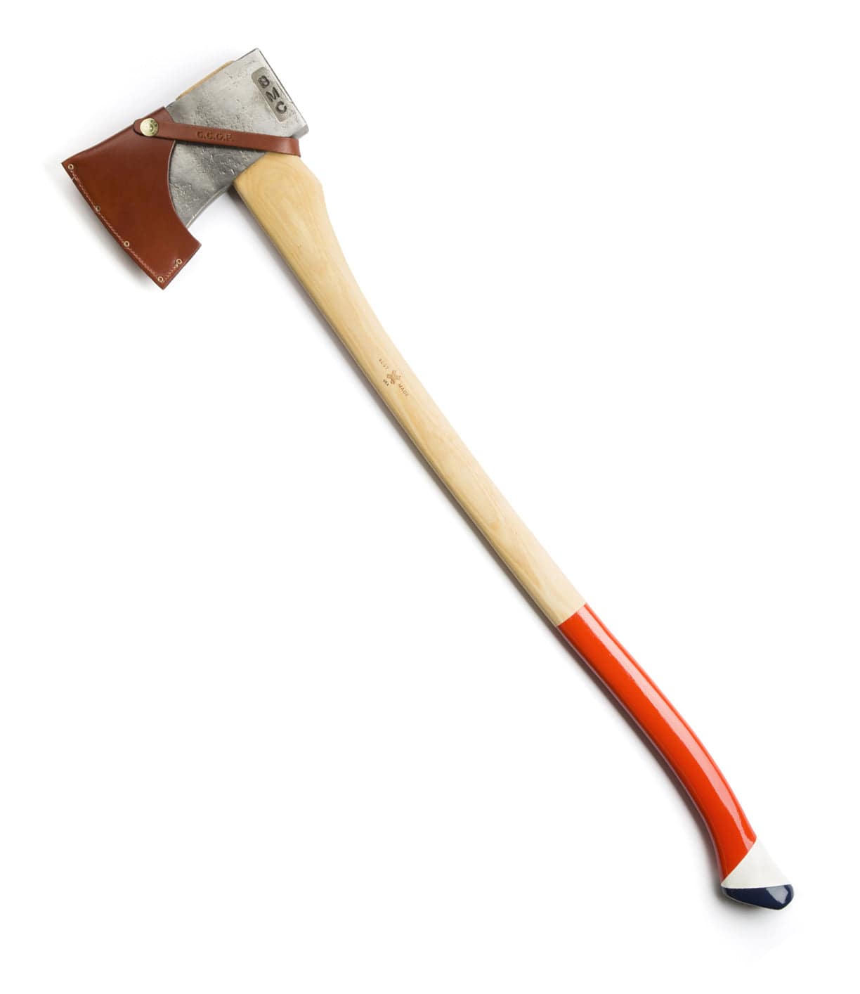 A wooden-handled axe with a red and blue end and a brown leather sheath covering the blade.