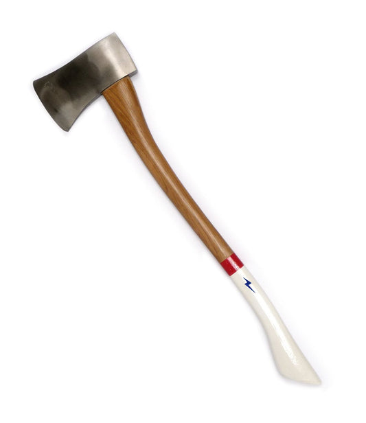 A single-blade axe with a metal head, wooden handle, and white grip end featuring a red band and a blue lightning bolt symbol.