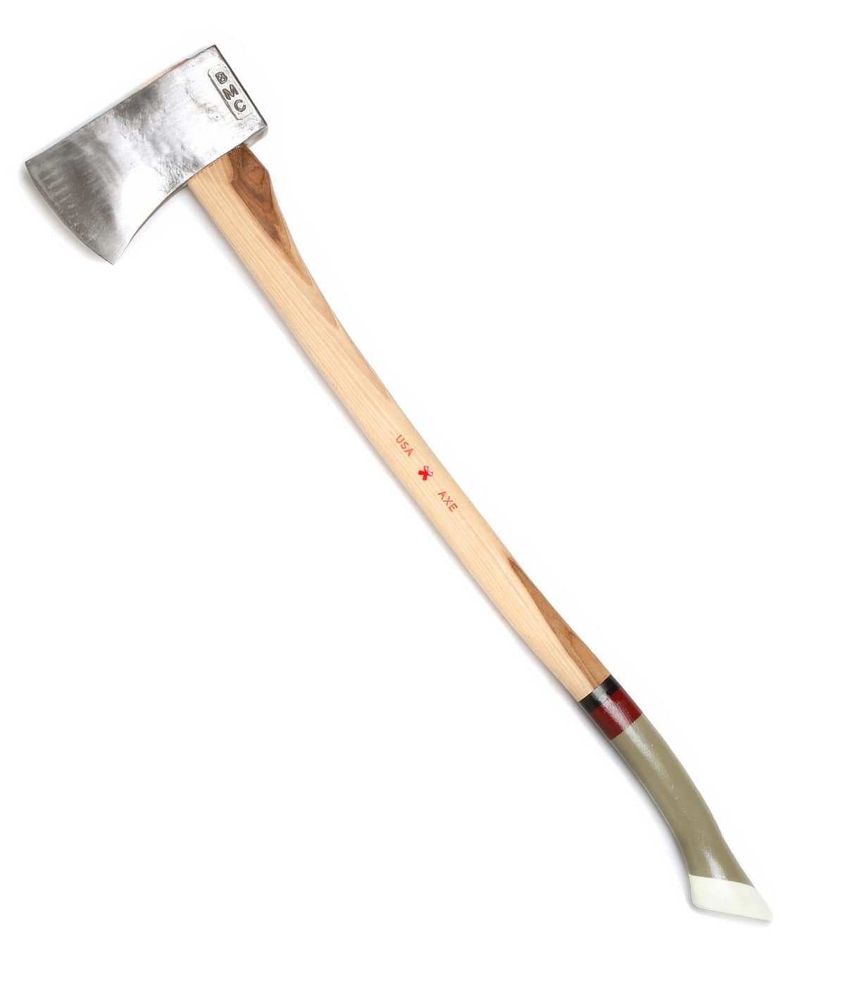 Image of a single-bladed axe with a wooden handle and a metal head. The handle features a curved end with colored stripes near the bottom.