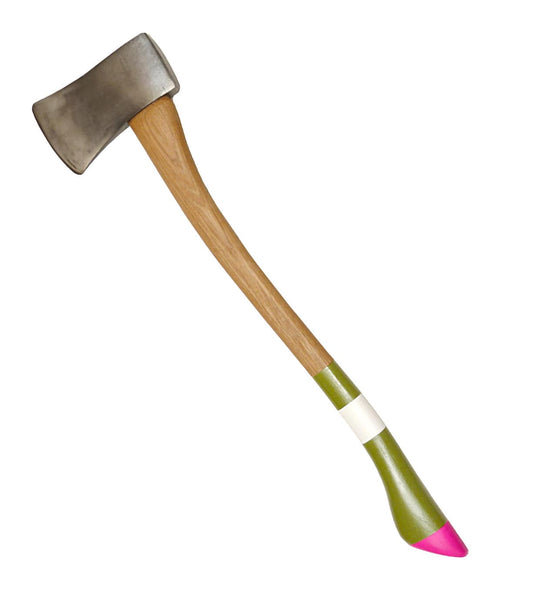 A long-handled axe with a wooden handle that is partially painted green and pink.