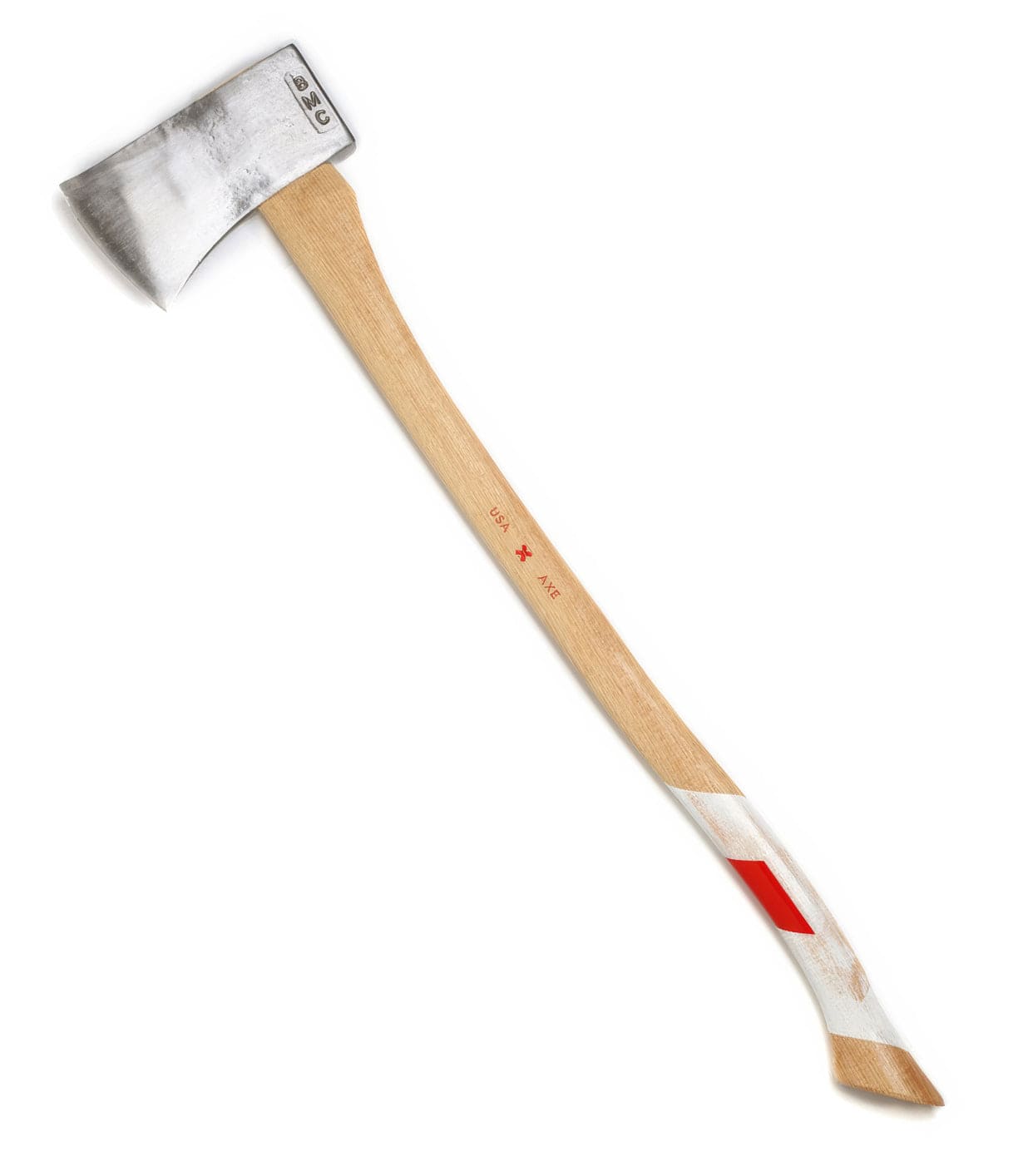 A single-bladed axe with a wooden handle featuring white and red painted sections. The head is made of metal, and there is text on the handle and head.