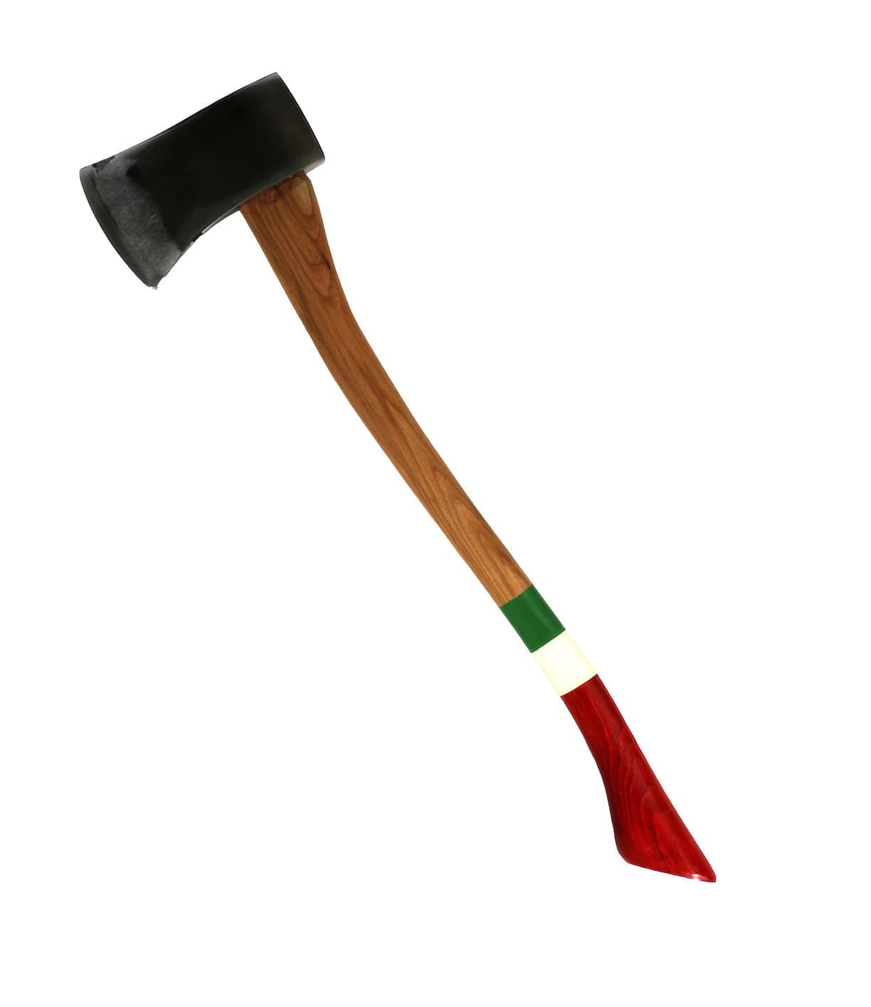 A single-bladed axe with a black head and a wooden handle. The handle has green, white, and red painted sections.