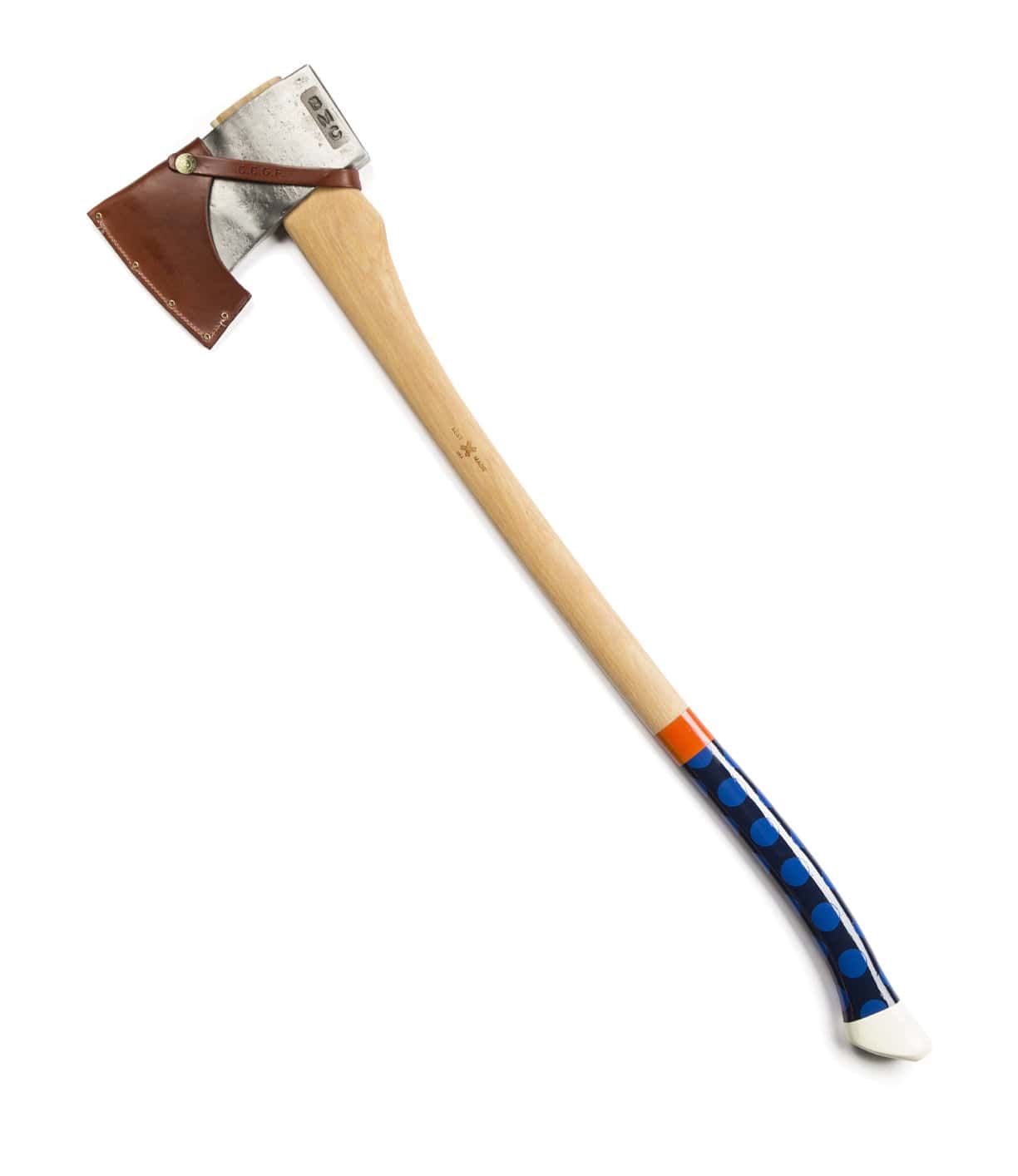 A wooden-handled axe with a blade cover. The handle features blue and orange decorative patterns near the base.