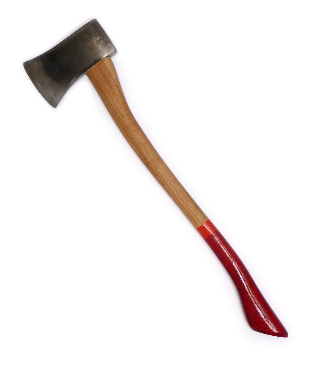 A steel axe with a wooden handle and a red-painted grip.