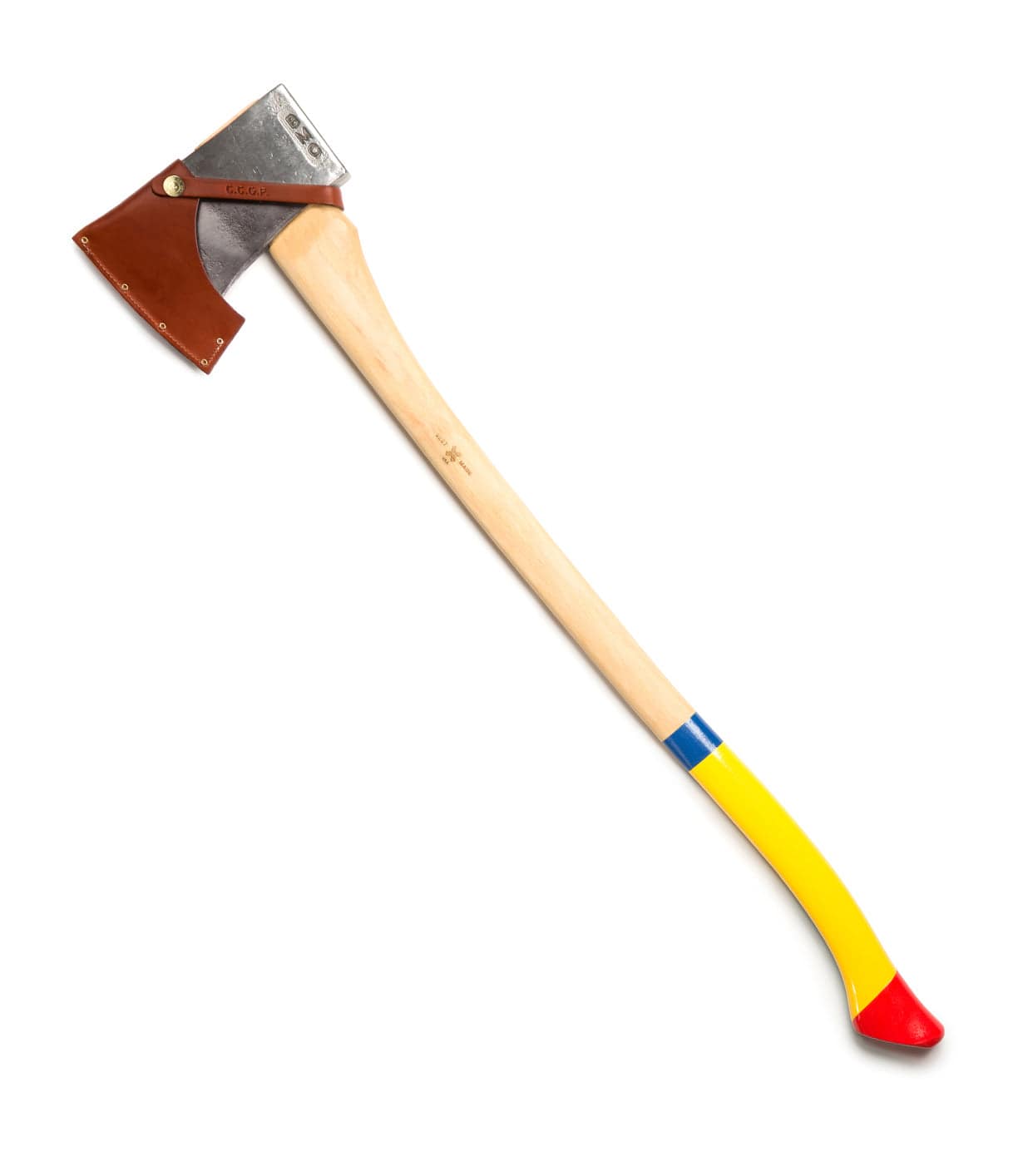 Image of an axe with a wooden handle featuring blue and yellow paint and a red tip, and a leather sheath covering the blade.