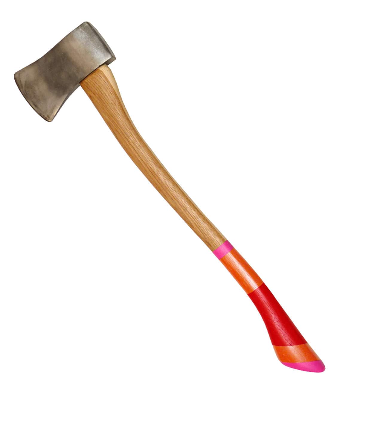 A wooden-handled axe with a silver blade and a handle painted with red, orange, and pink stripes near the bottom.