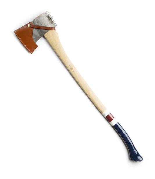 A hatchet with a wooden handle and a blue, white, and red-painted grip, with a leather sheath covering the blade.