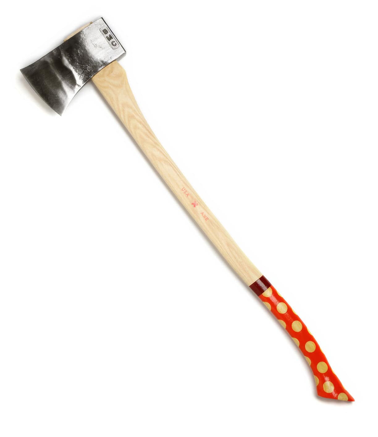 A steel-bladed axe with a wooden handle is painted with red and yellow polka dots at the base.