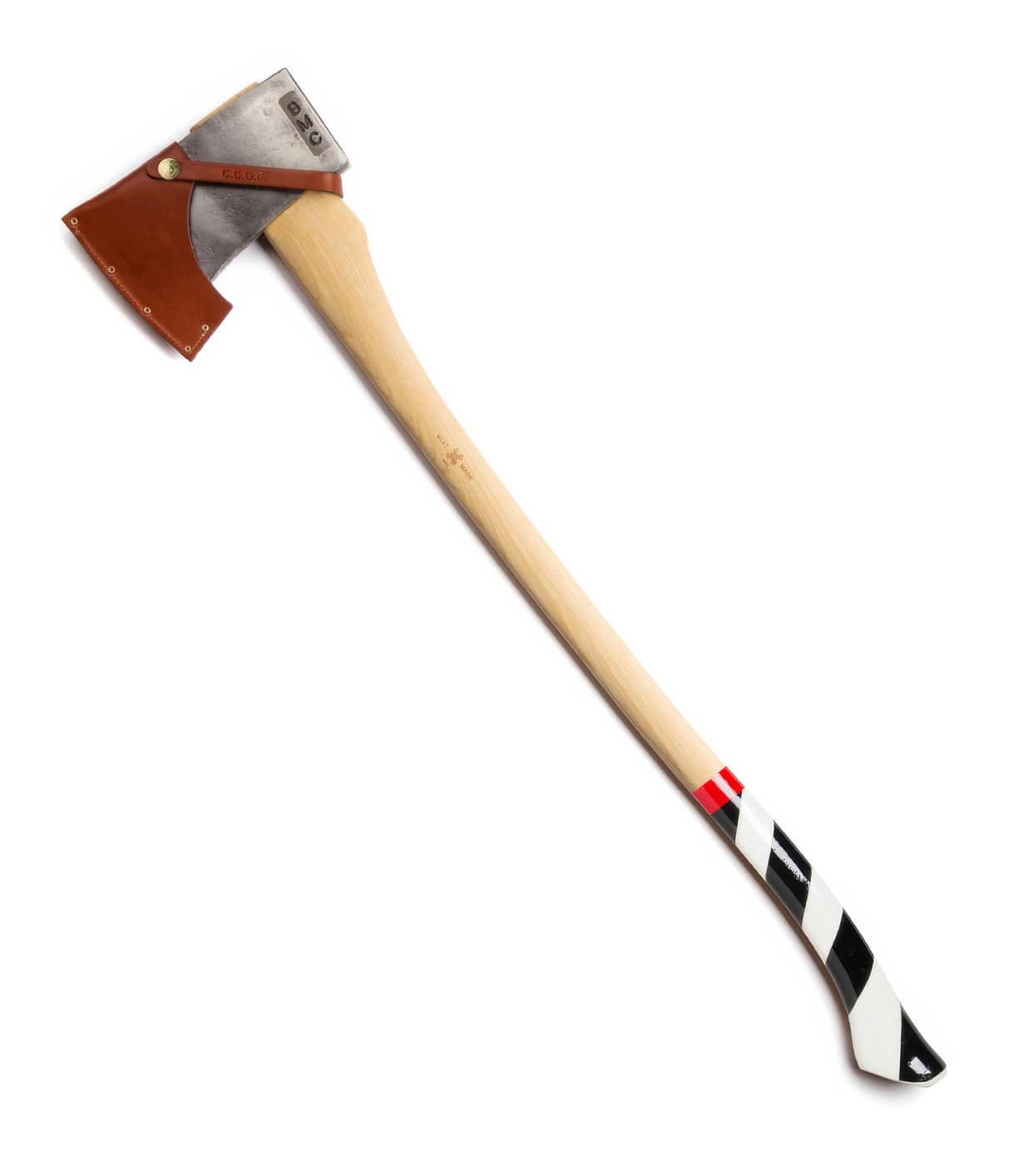 A wooden-handled axe with a silver blade partially covered by a red leather sheath, and a painted lower handle featuring black, white, and red stripes.