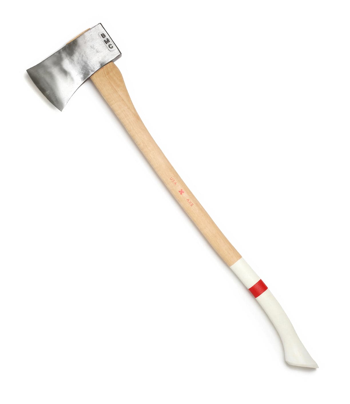 A single-bladed axe with a wooden handle, featuring red and white stripes near the base, and a metal head with a black edge.