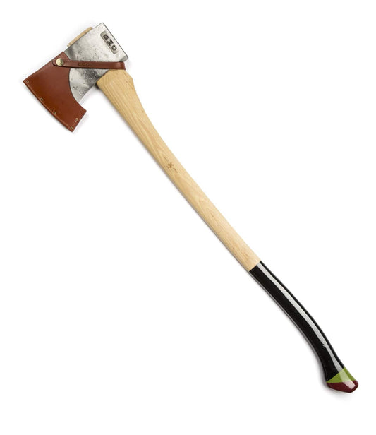 A single-bladed axe with a wooden handle, sheathed in a brown leather cover on the blade.