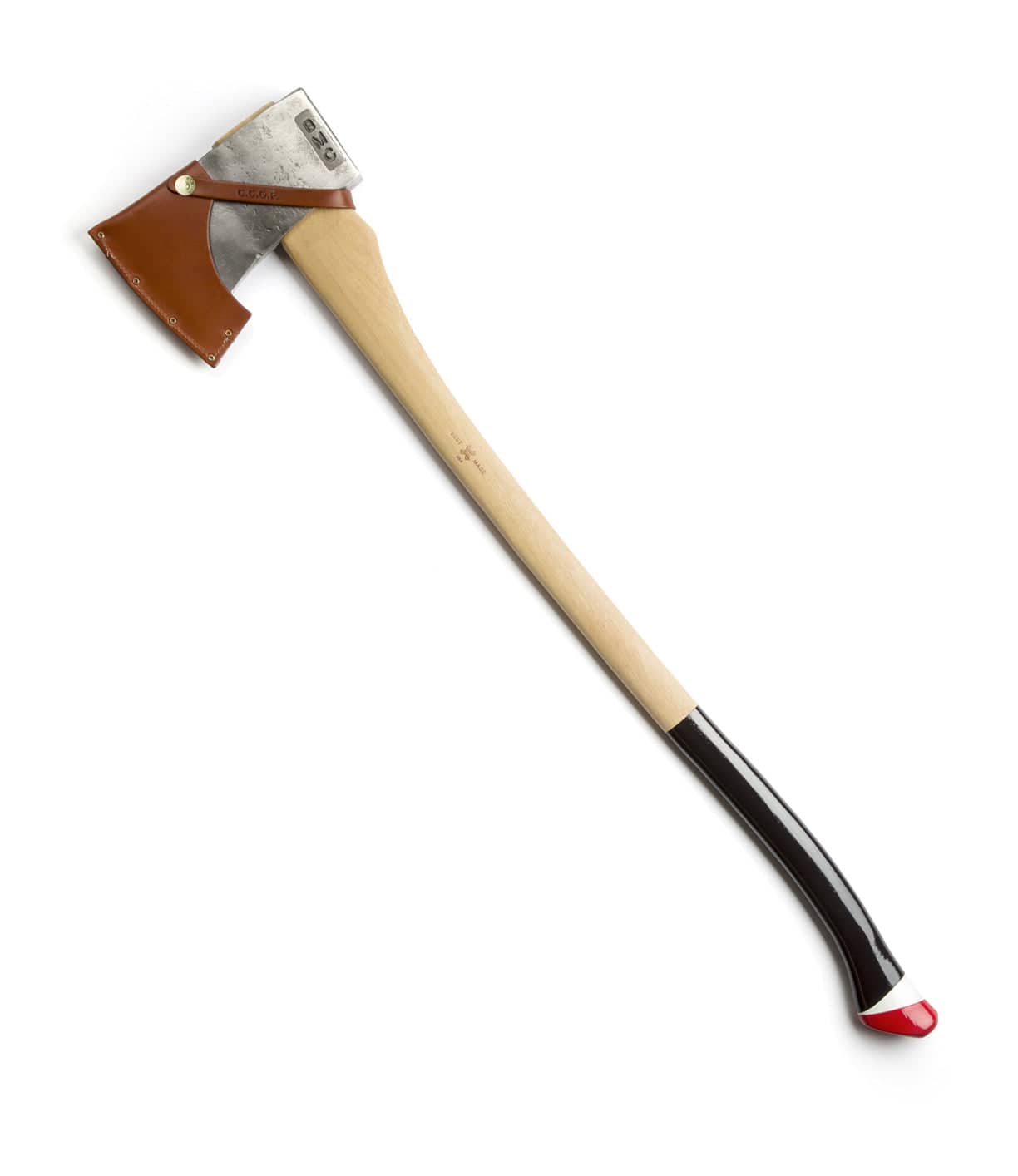 An axe with a wooden handle, a metal head partially covered by a brown leather sheath, and a red and black painted end.