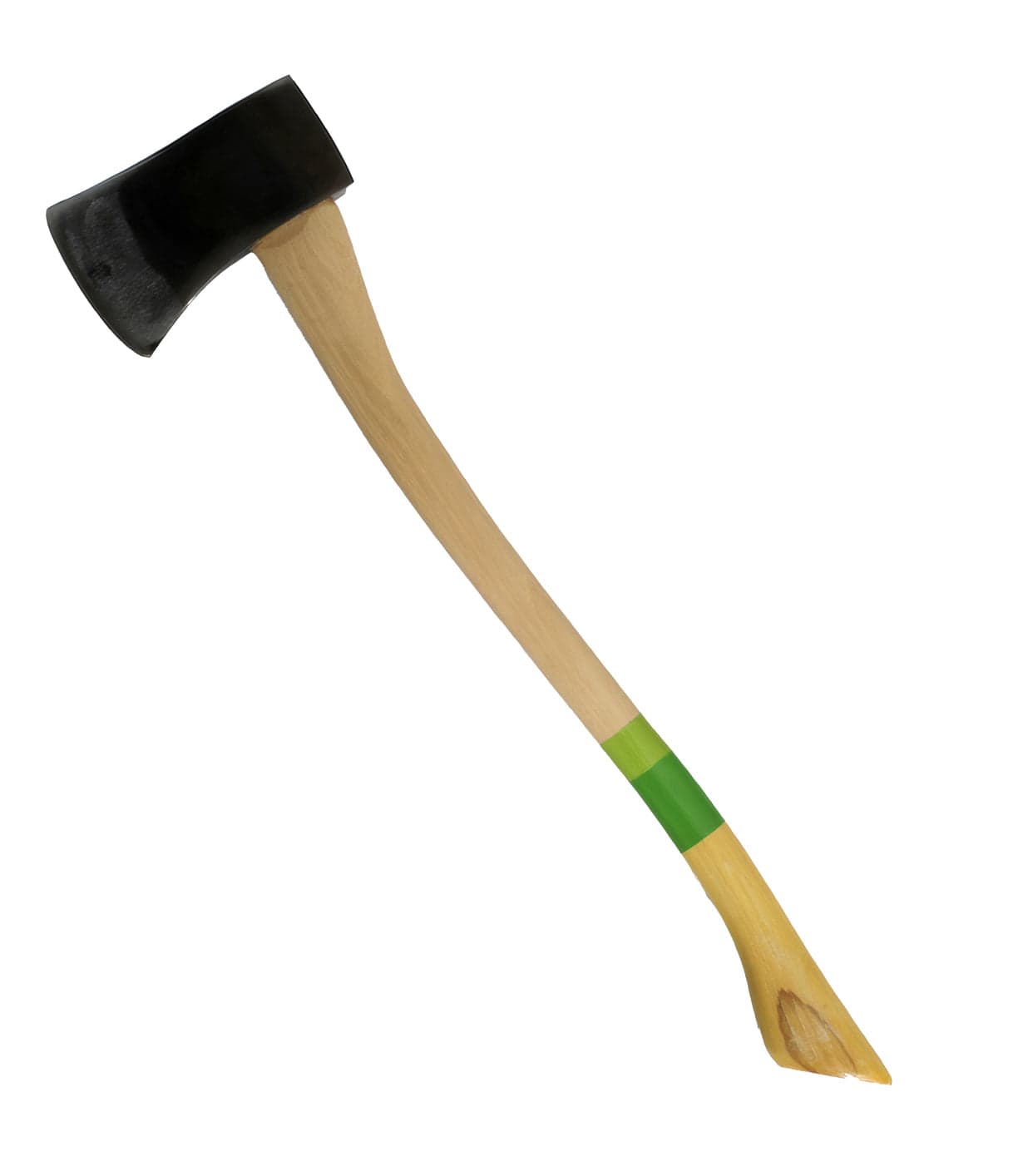 A wooden-handled axe with a green band near the head and a split at the end of the handle.