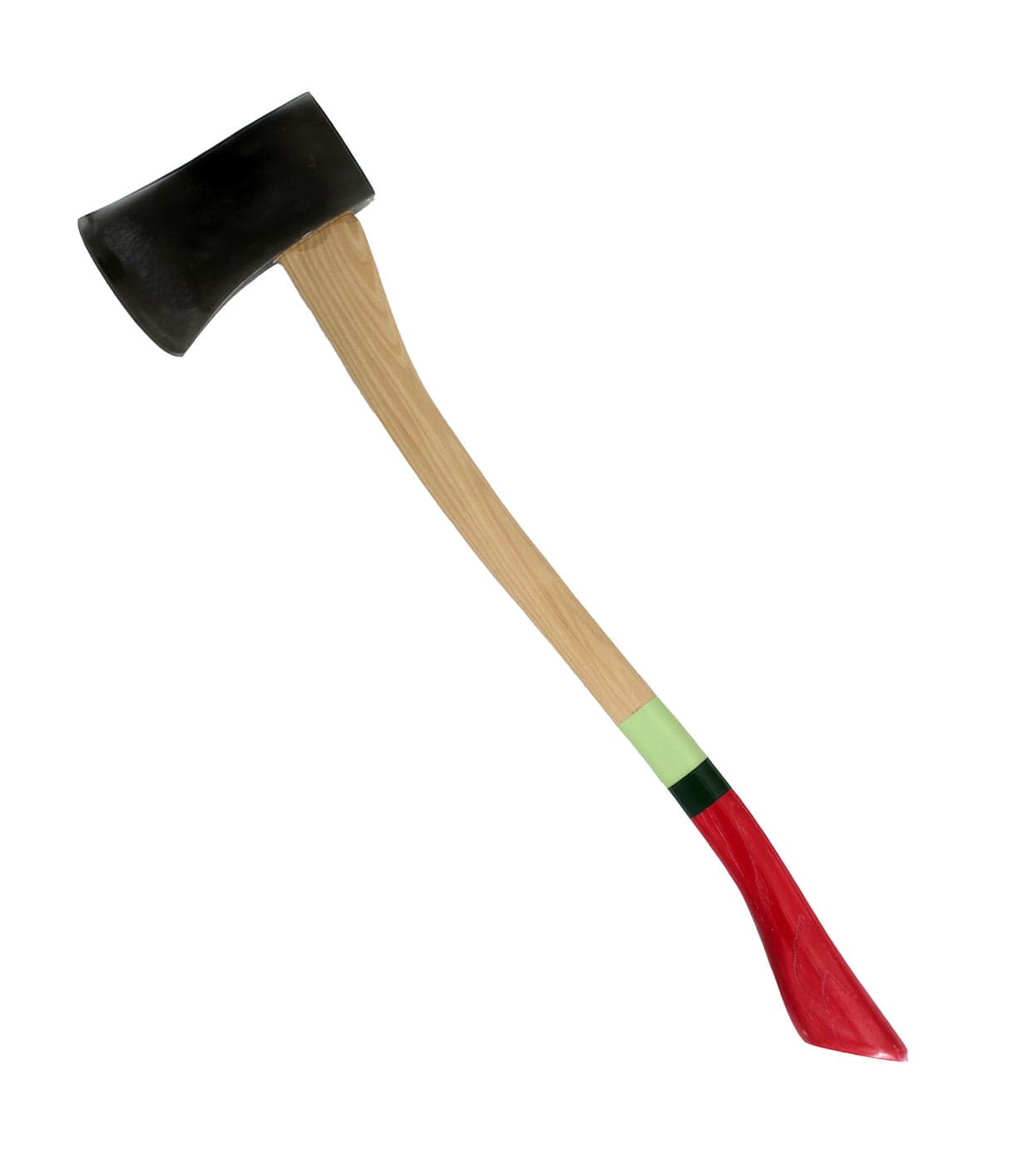 A single-blade axe with a wooden handle, black blade, green and red accents near the grip, and a red-painted end of the handle, isolated on a white background.