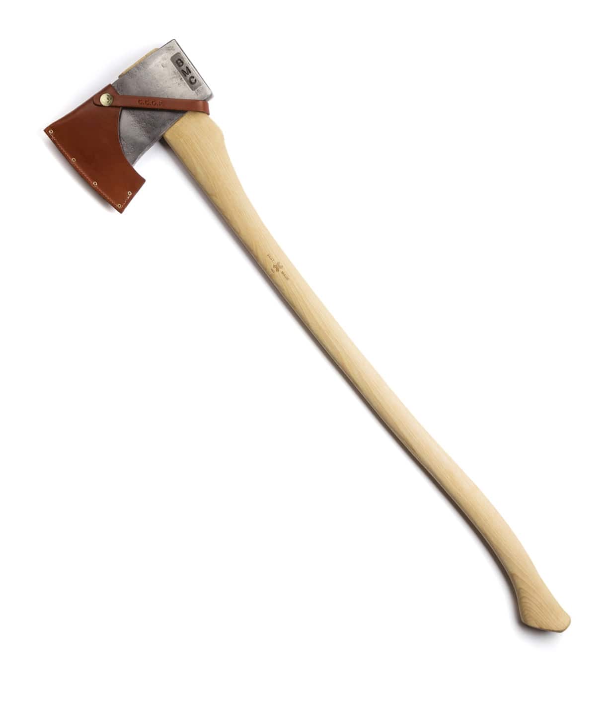 A metal axe with a light wooden handle and a brown leather blade cover.