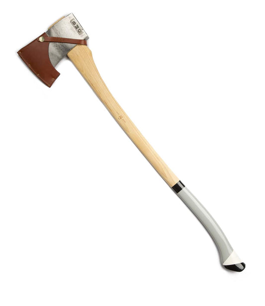 A long-handled axe with a metal head and a light wooden handle, partially covered with a brown leather sheath.