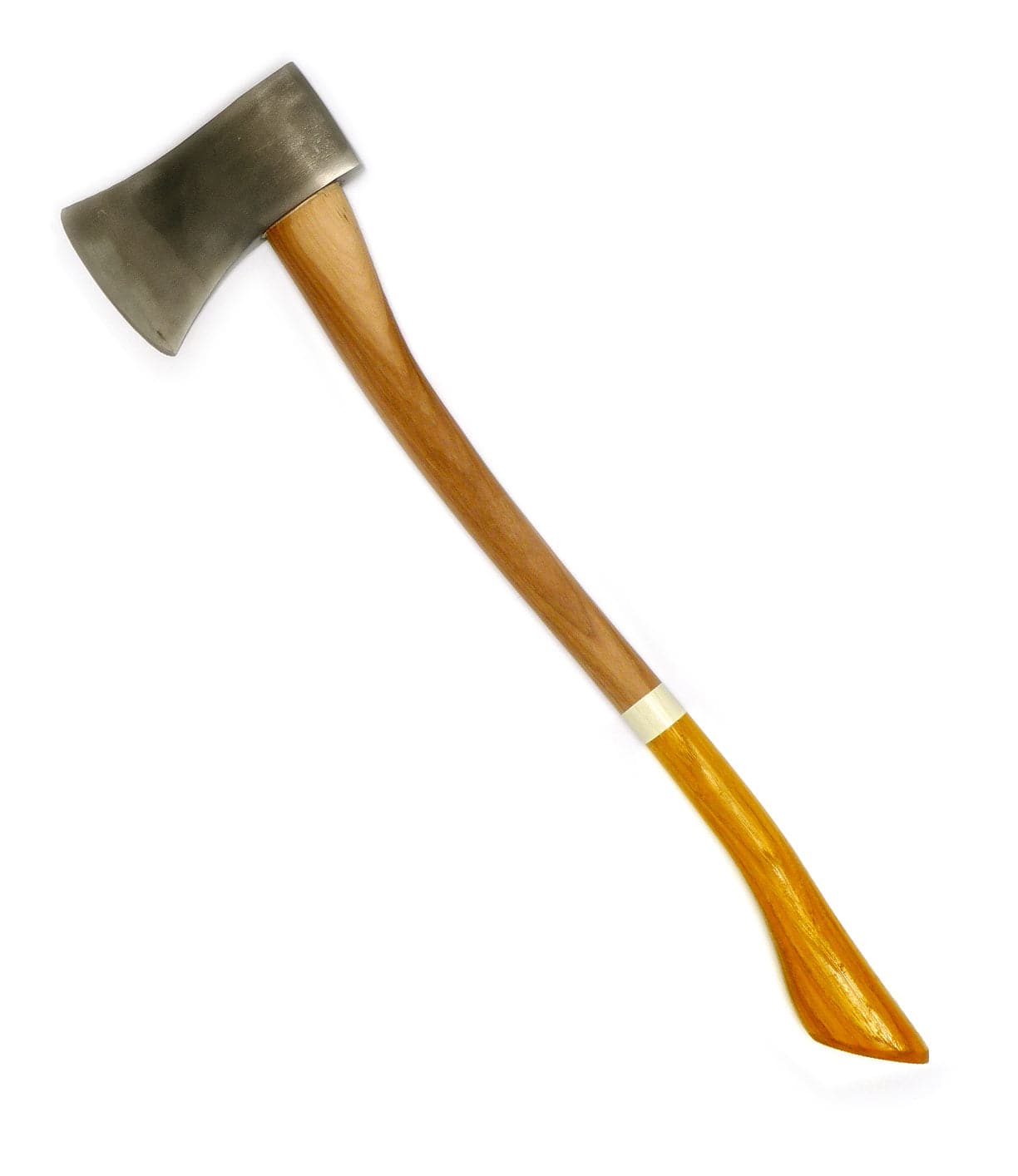 A single-bladed axe with a wooden handle and a polished metal head, shown against a white background.