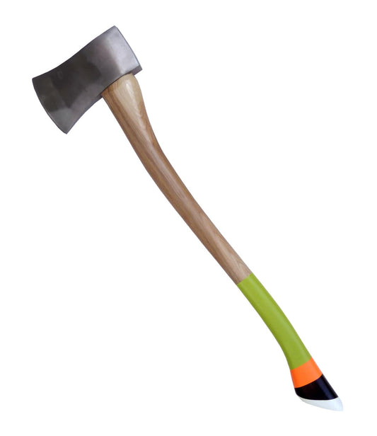 A sharp axe with a wooden handle, featuring a neon green and orange grip near the base, on a white background.