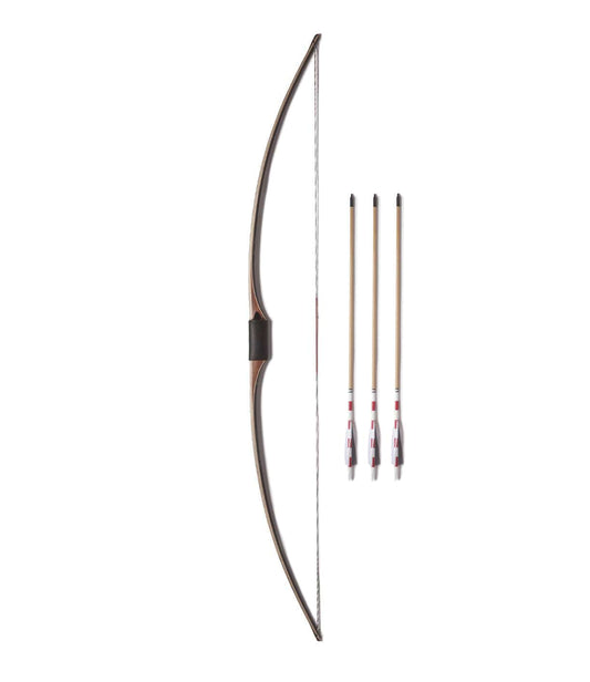 A traditional longbow with a black grip next to three arrows with red and white fletching.