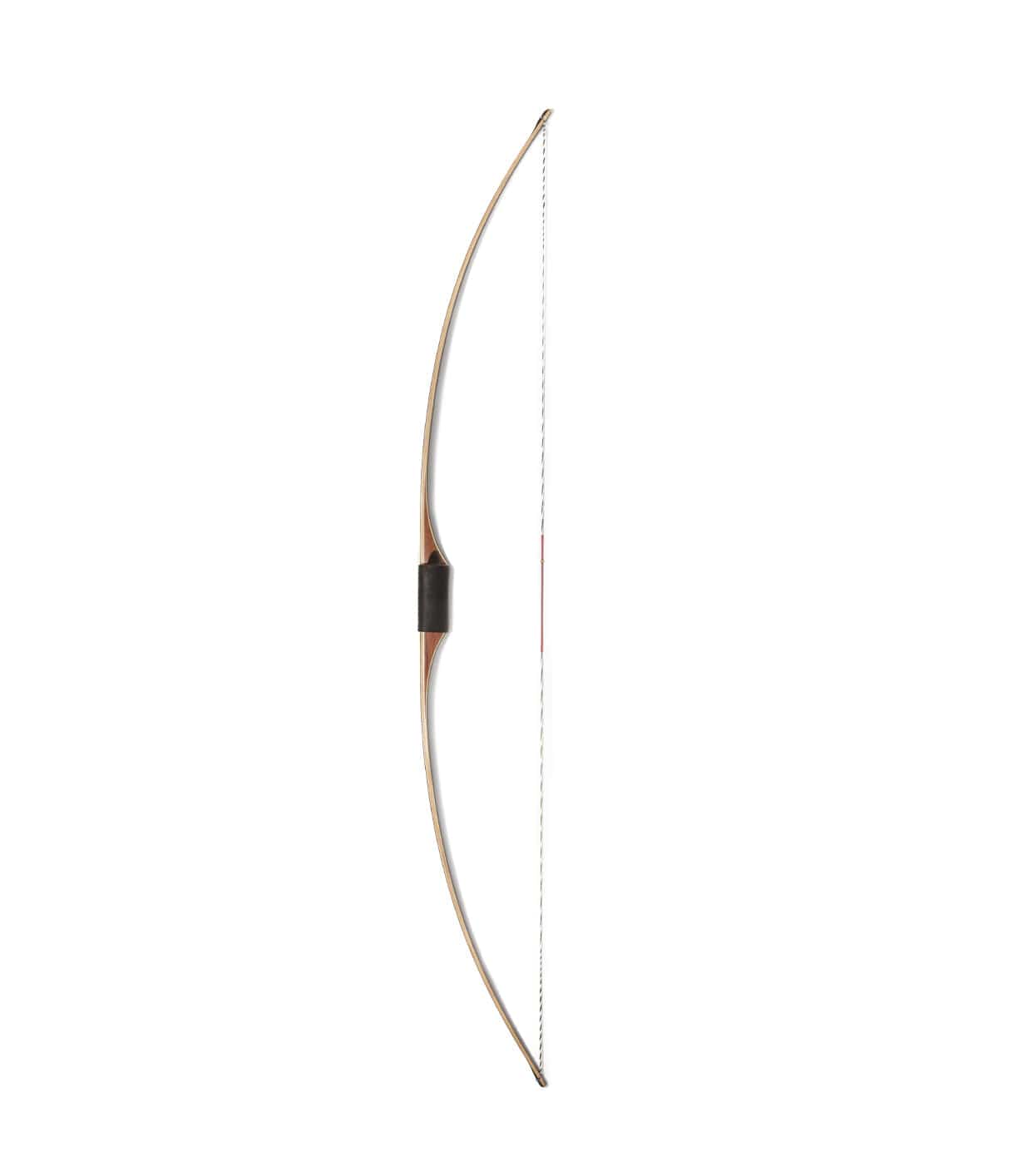 A traditional recurve bow with a wooden frame and a black grip, strung with a white bowstring, positioned vertically against a white background.