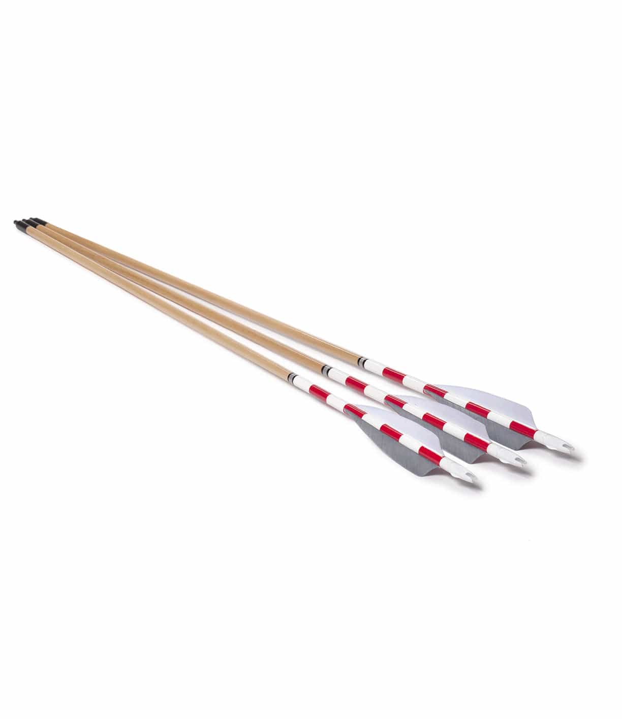 Four wooden arrows with white and red fletching and white nocks are arranged side by side on a neutral background.