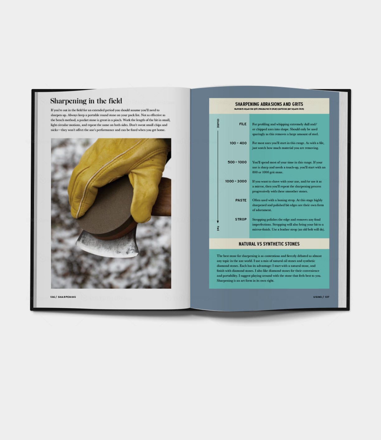 An open book showing a page with a photo of a gloved hand sharpening an axe and another page with text and charts about sharpening abrasives and grits, and natural versus synthetic stones.