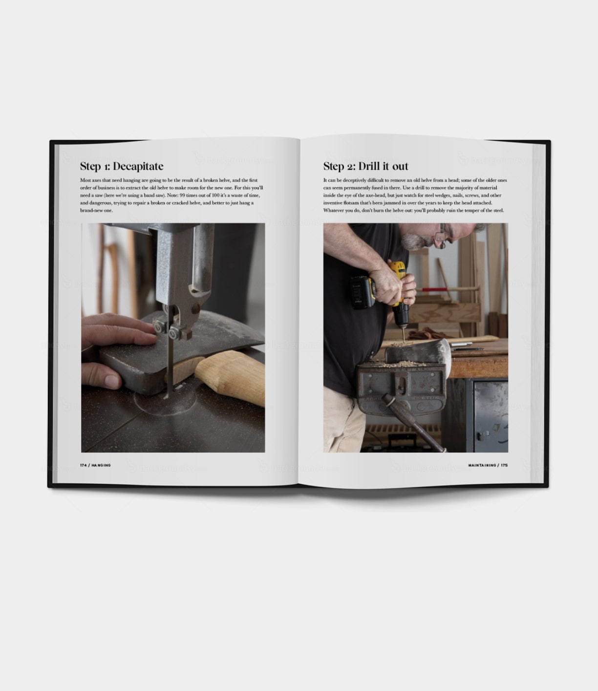 Open book showing woodworking instructions. Left page: person using a bandsaw. Right page: person drilling into a piece of wood. Text headings read Step 1: Decuptate and Step 2: Drill it out.