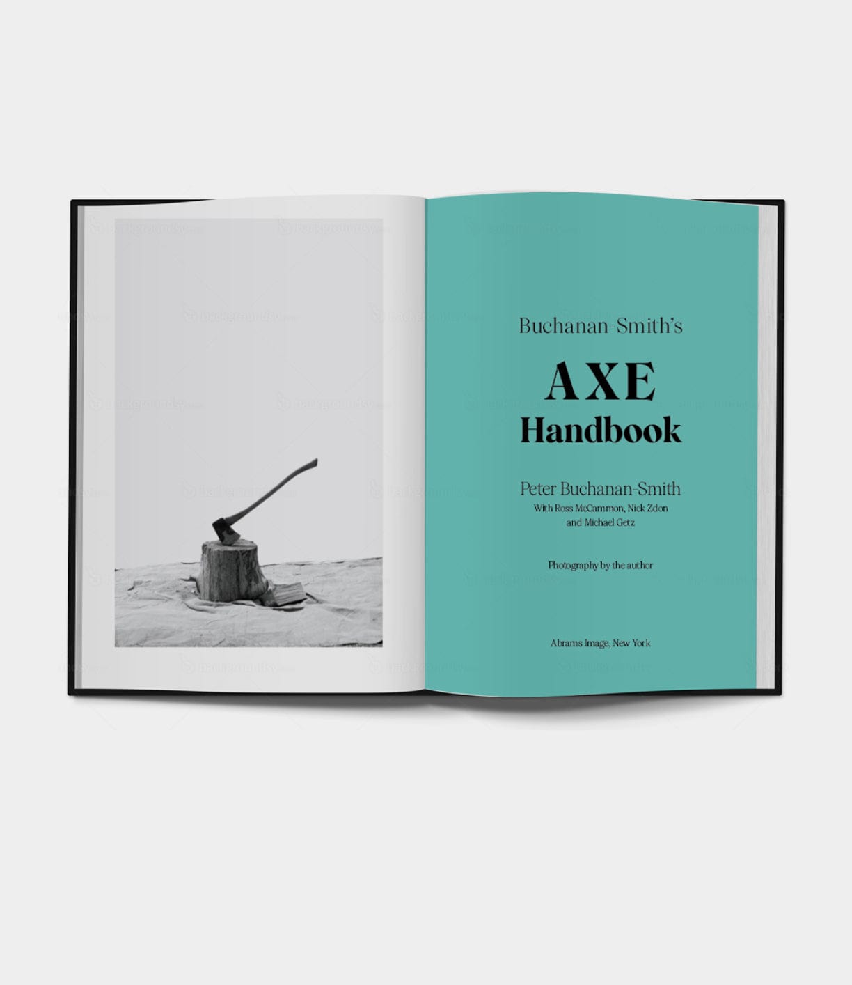 An open book titled Axe Handbook by Peter Buchanan-Smith, featuring a black-and-white photo of an axe on the left page and text on a teal background on the right.