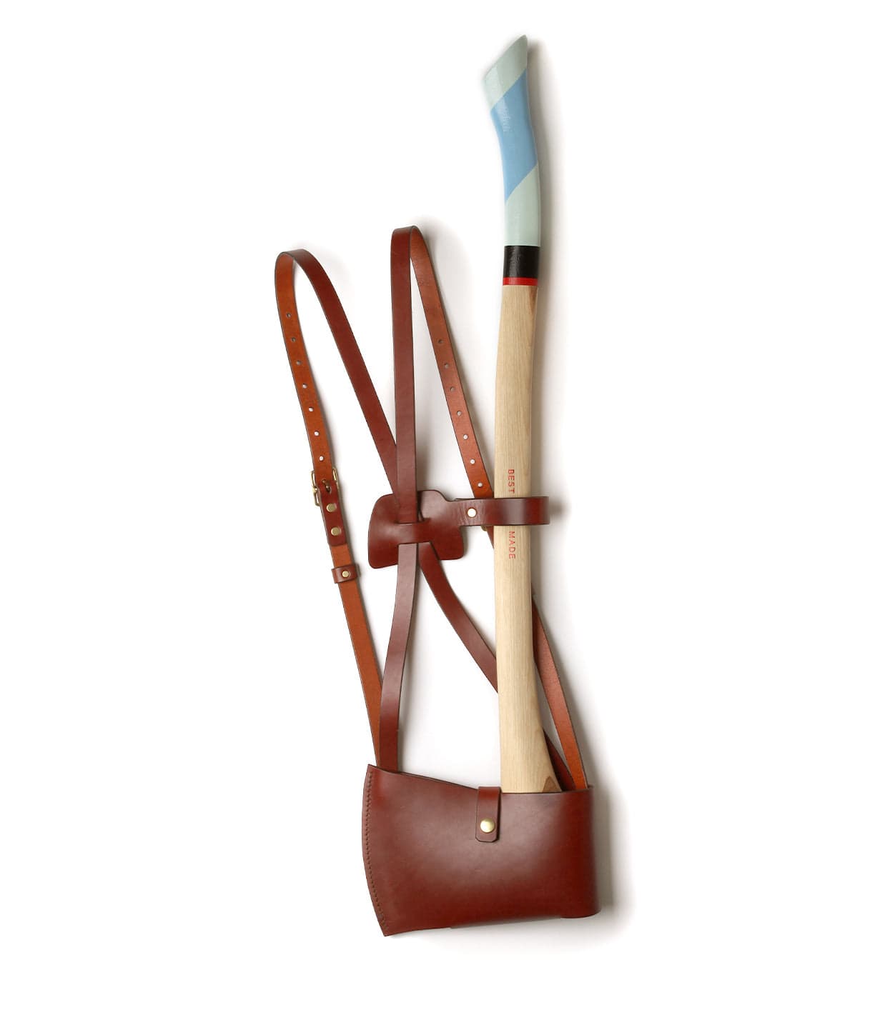 A hatchet with a light brown wooden handle and a blue blade cover, secured in a brown leather carrying harness with adjustable straps, displayed against a white background.