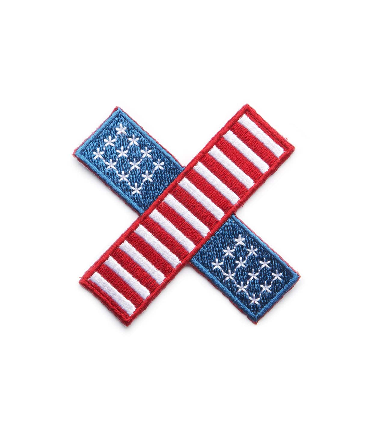 Two embroidered patches featuring the American flag are arranged in an X shape against a white background.