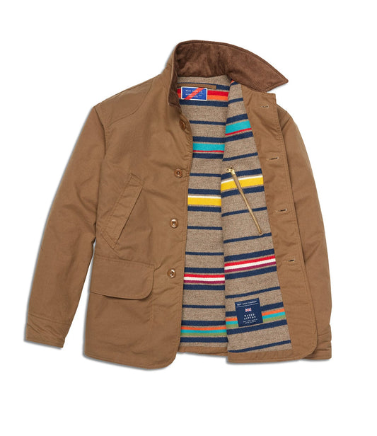 A brown jacket with a button front, side and chest pockets, and a striped interior lining in various colors.