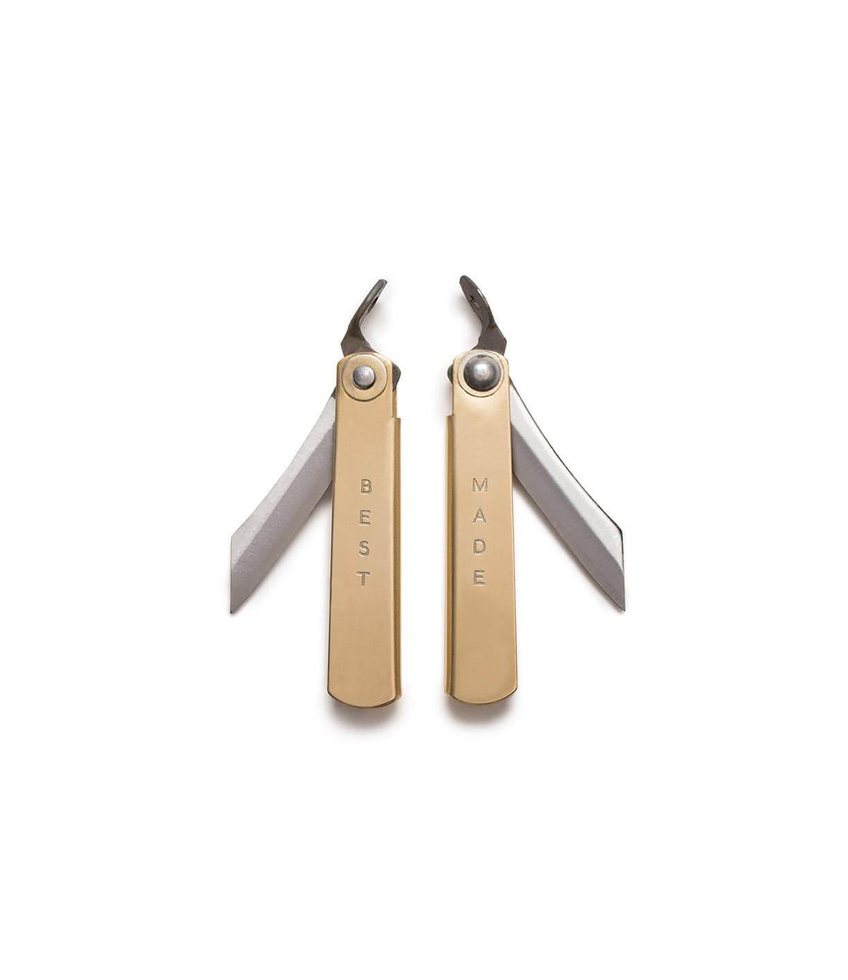 Two folding knives with beige handles and silver blades. One handle is engraved with BEST and the other with MADE. Both blades are partially extended.