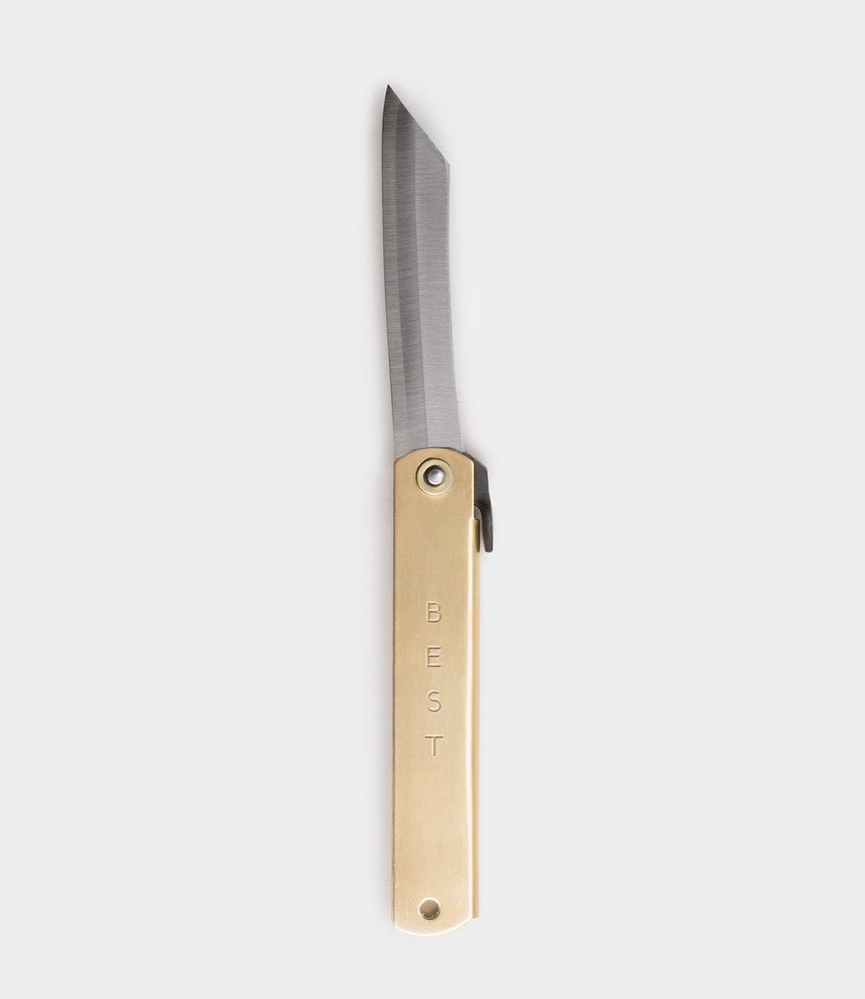 A small folding pocket knife with a straight-edge blade and a brass handle engraved with the word BEST.