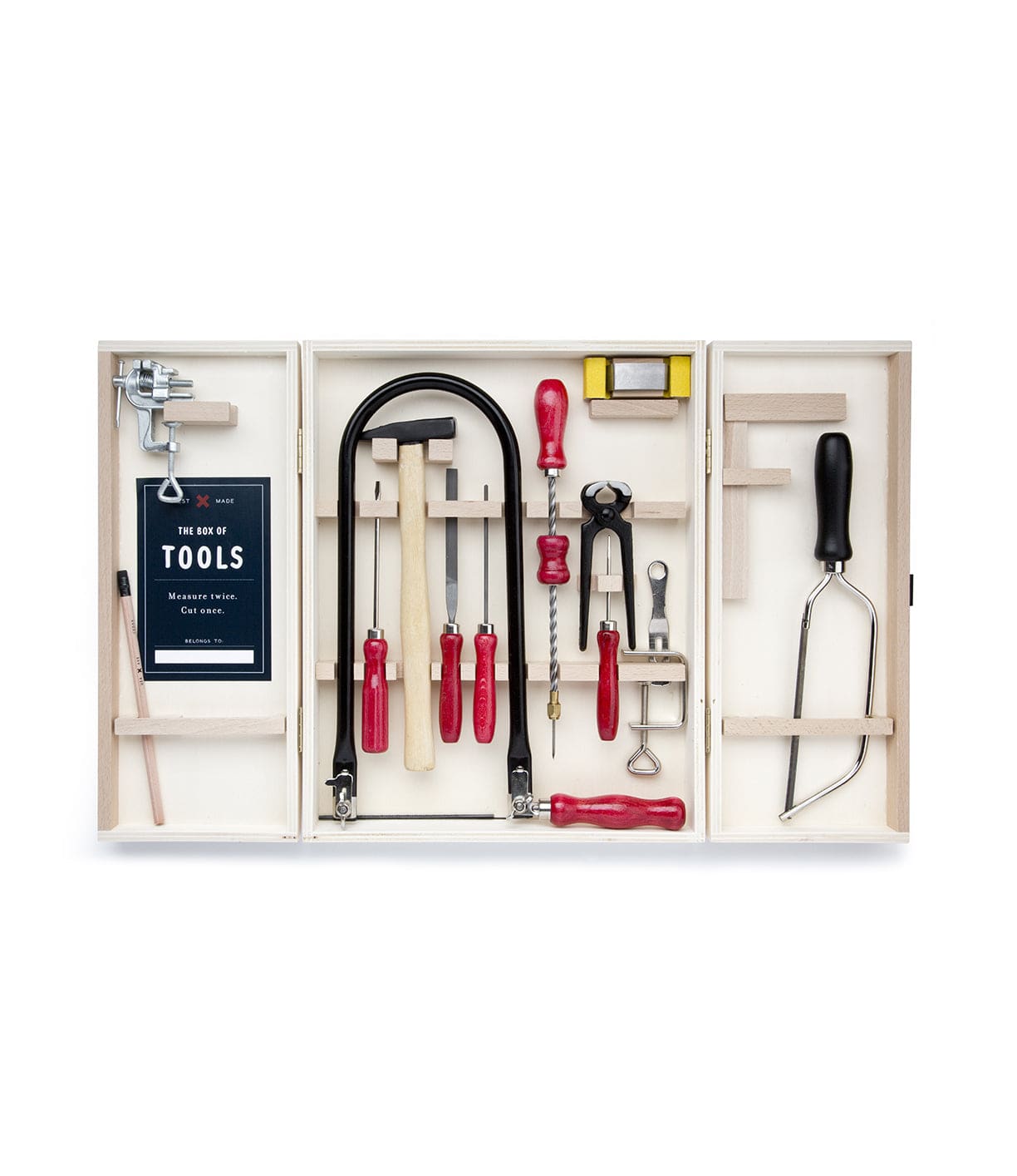 Wooden case with assorted hand tools, including a screwdriver, pliers, saw, hammer, level, and more, neatly organized in compartments. A booklet titled The Age of Tools is also included.