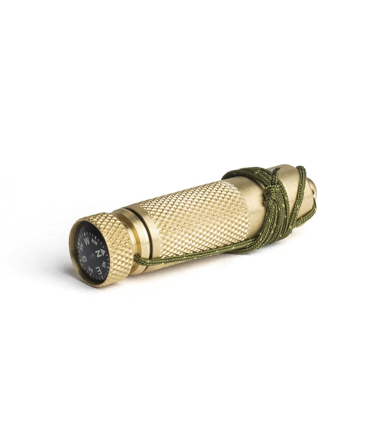 A compact gold-colored flashlight with a knurled texture and a small compass integrated into the end cap. A green cord is attached, wrapped around the flashlight.