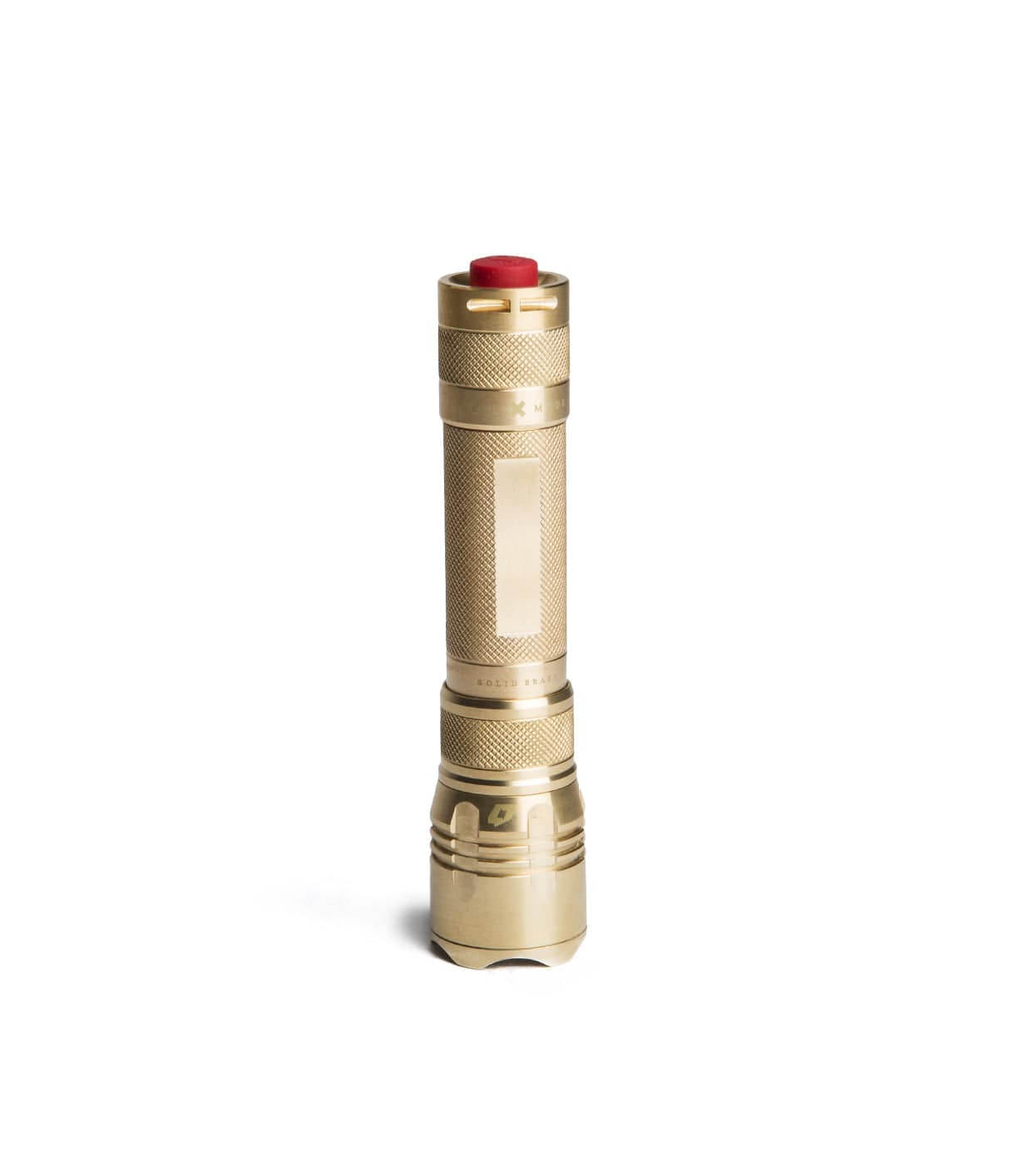 A gold-colored, textured flashlight with a red button on top, standing upright against a plain white background.