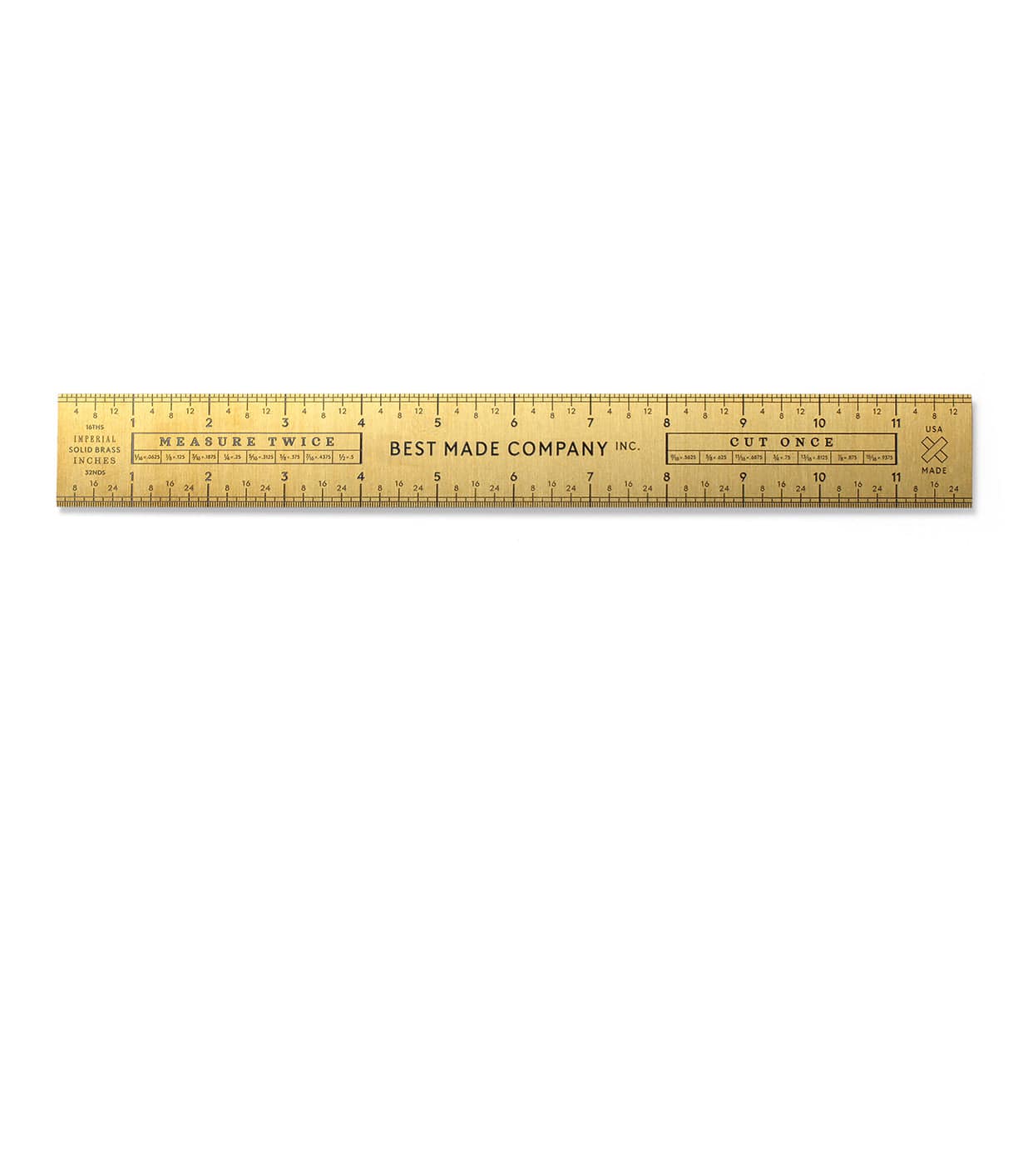 A gold-colored metal ruler with the text MEASURE TWICE CUT ONCE and BEST MADE COMPANY INC. etched along its surface. The ruler has measurement markings in both inches and centimeters.