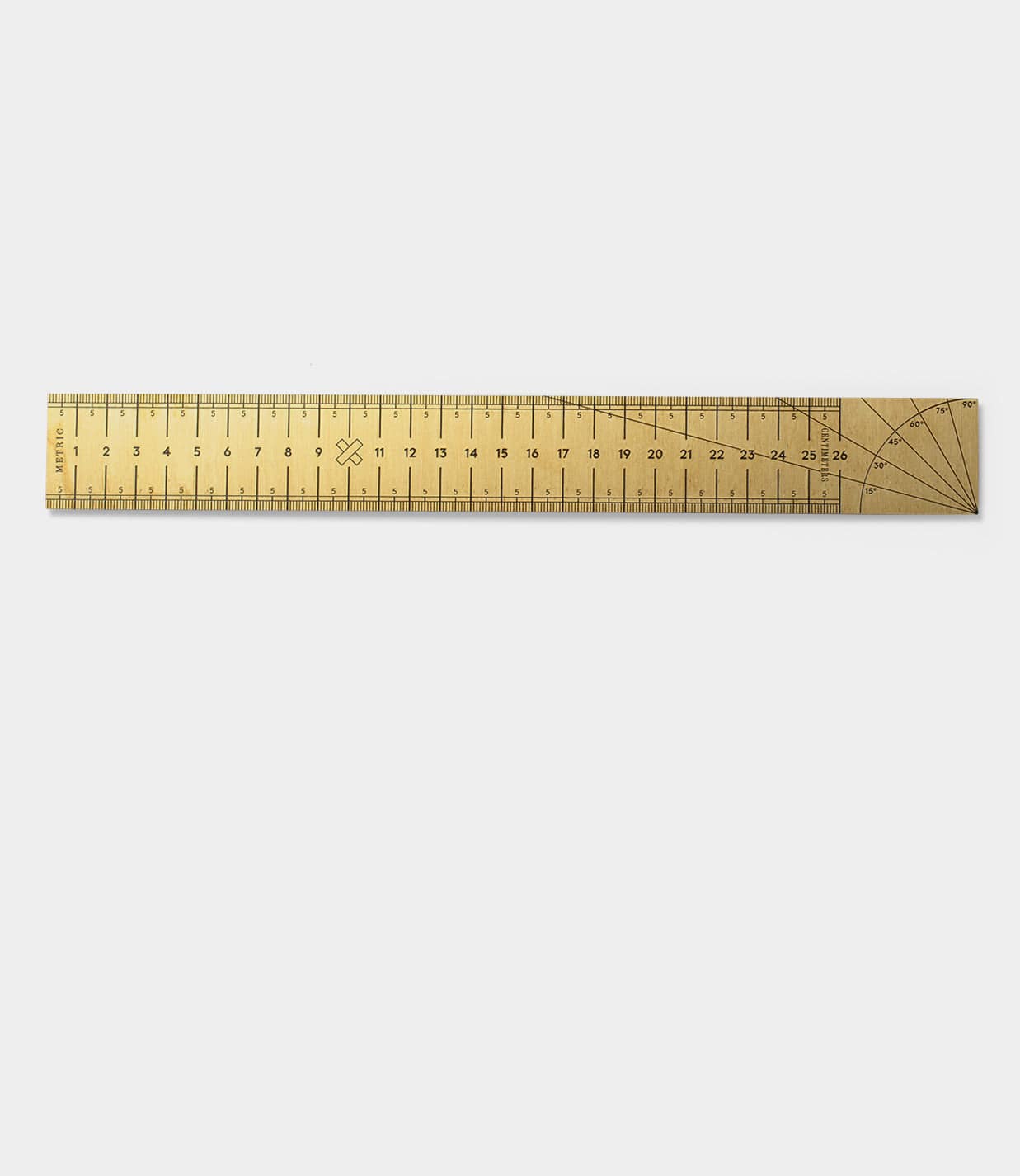 A gold-colored metal ruler with both centimeter and inch markings, featuring a protractor at one end.