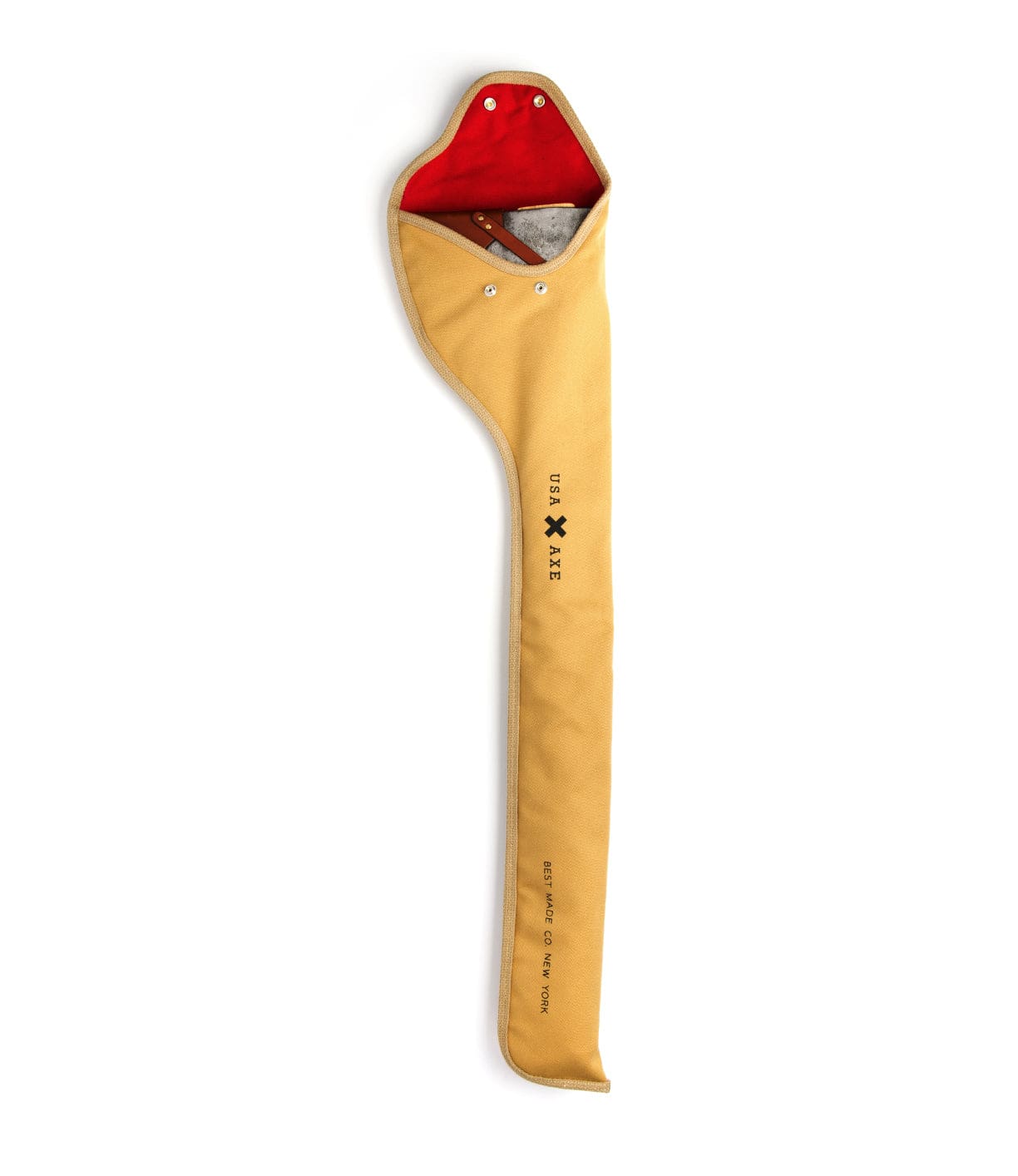 Yellow axe sheath with a snapped closure and red interior, displaying black text U.S.A. AXE and BEST MADE CO. NEW YORK vertically on the front.