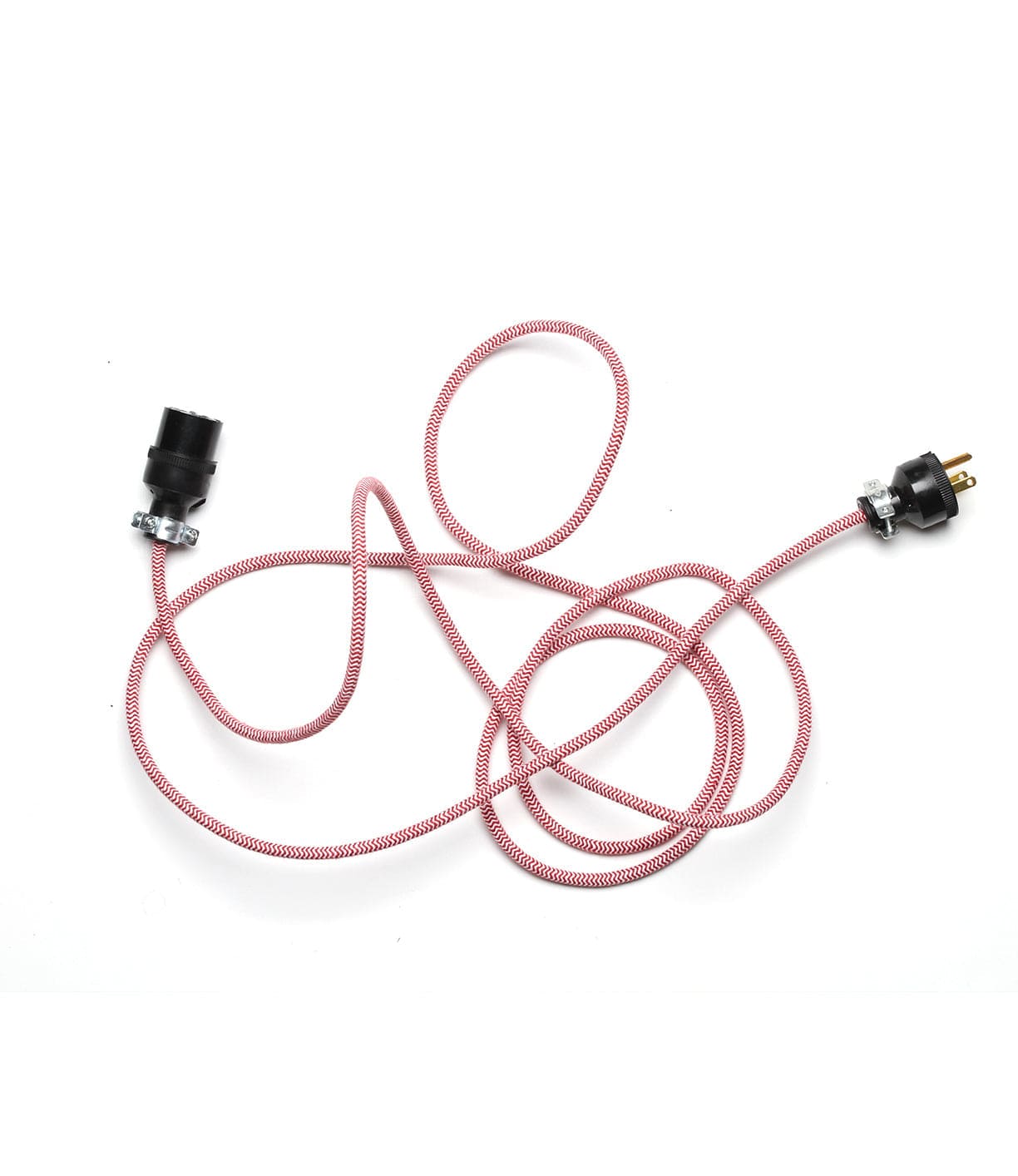 A red and white braided electrical extension cord with a black socket and a two-pronged plug on a white background.