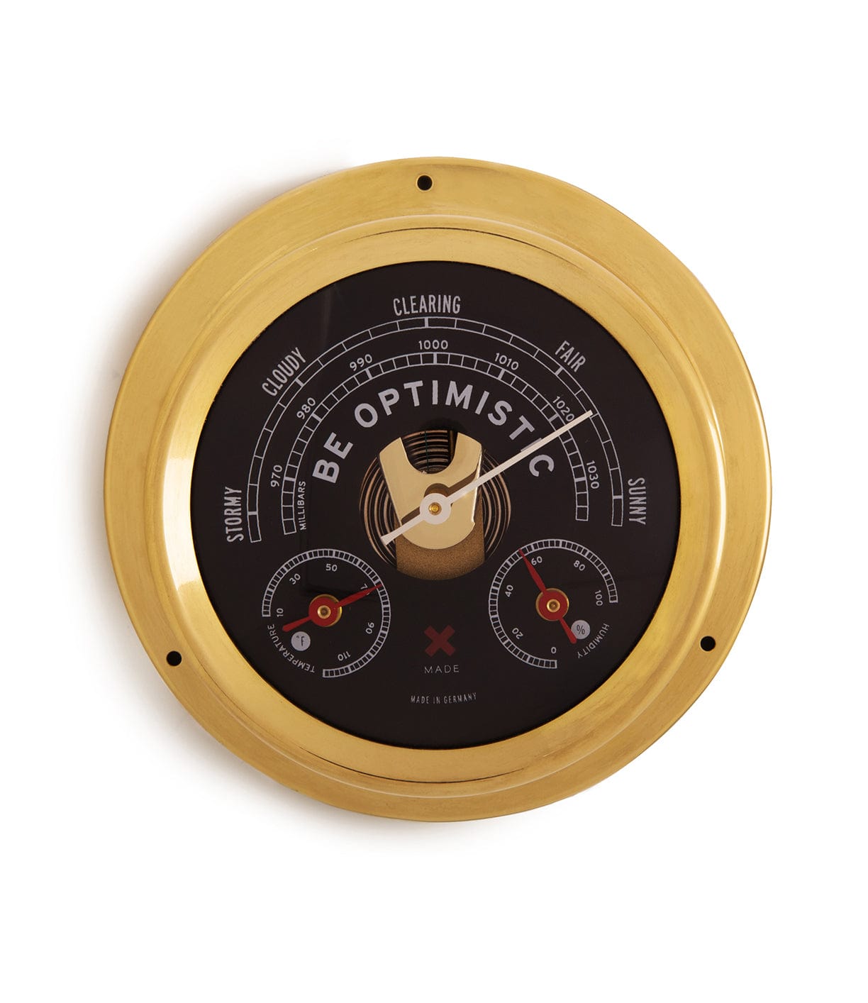 Close-up of a rounded metal wall gauge with a pointer set to BE OPTIMISTIC, surrounded by weather conditions such as Cloudy, Clearing, Fair, and Sunny. The gauge also displays two smaller dials.