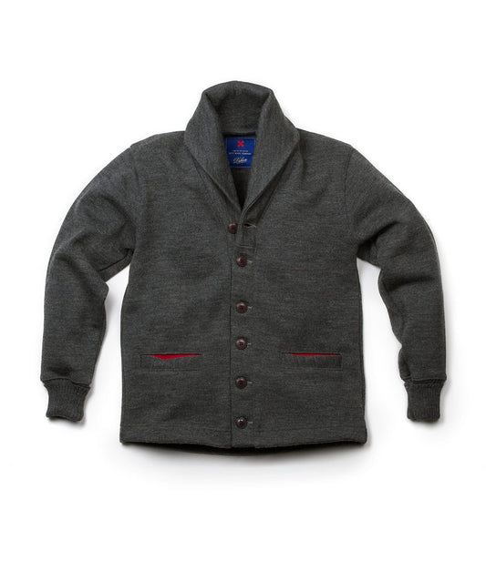 A gray button-up cardigan with a shawl collar and two front pockets, featuring red lining accents.