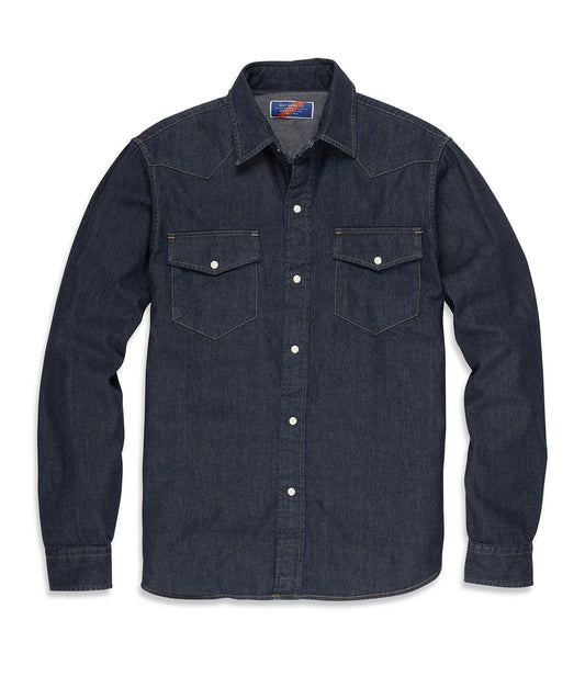 A dark denim button-up shirt with long sleeves and two breast pockets on either side.