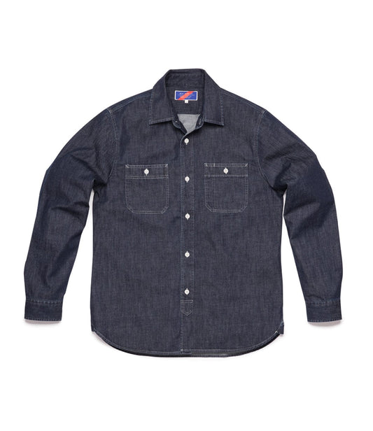 A dark denim button-up shirt with long sleeves and two chest pockets.