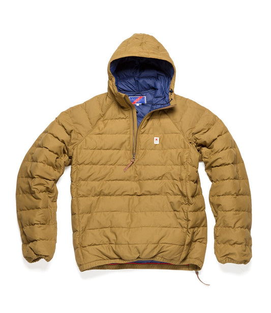 A tan puffer jacket with a blue interior lining, front half-zip closure, hood, and a small logo on the left chest.