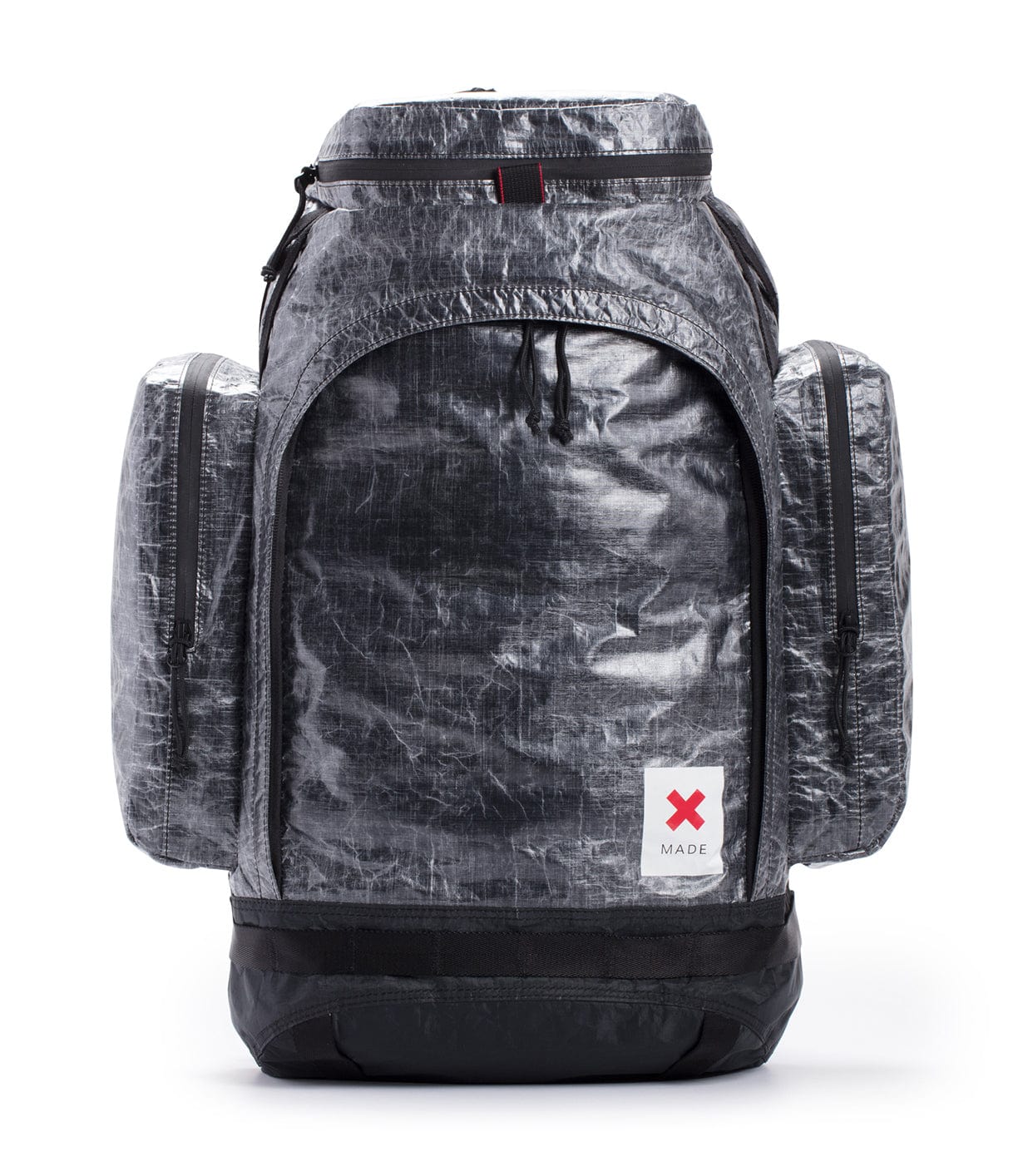 A black multifunctional backpack with several compartments, including two side zippered pockets and a front logo label with a red 'X'.