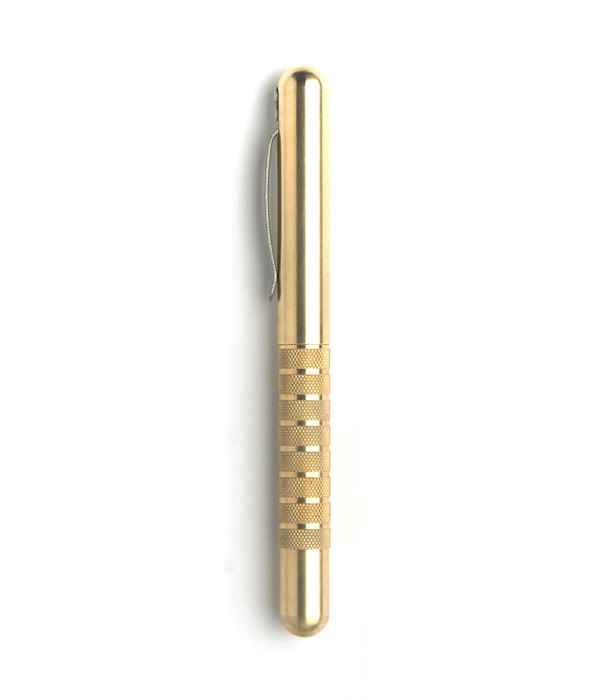 A gold-colored pen with a textured grip and a clip, photographed against a plain white background.