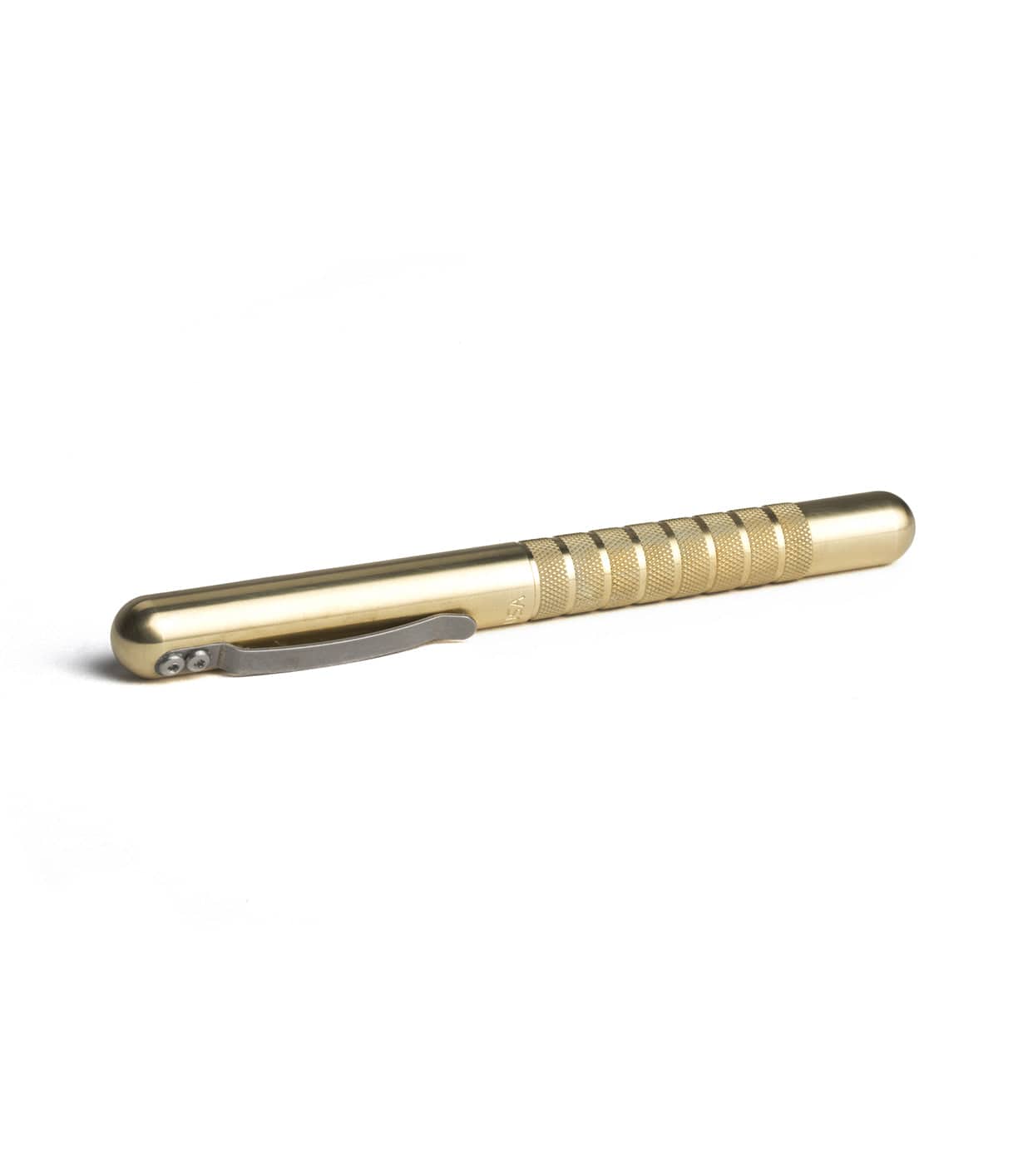 A gold-colored metal pen with a clip and a series of grooves near the grip area, placed on a plain white background.