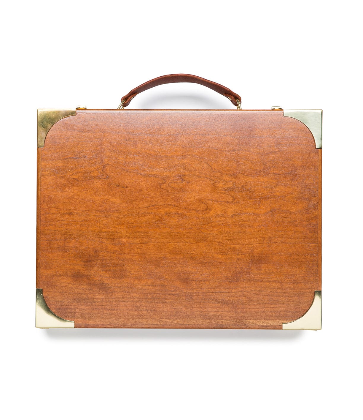 A closed wooden briefcase with brass-plated corner protectors and a handle on top, viewed from above.